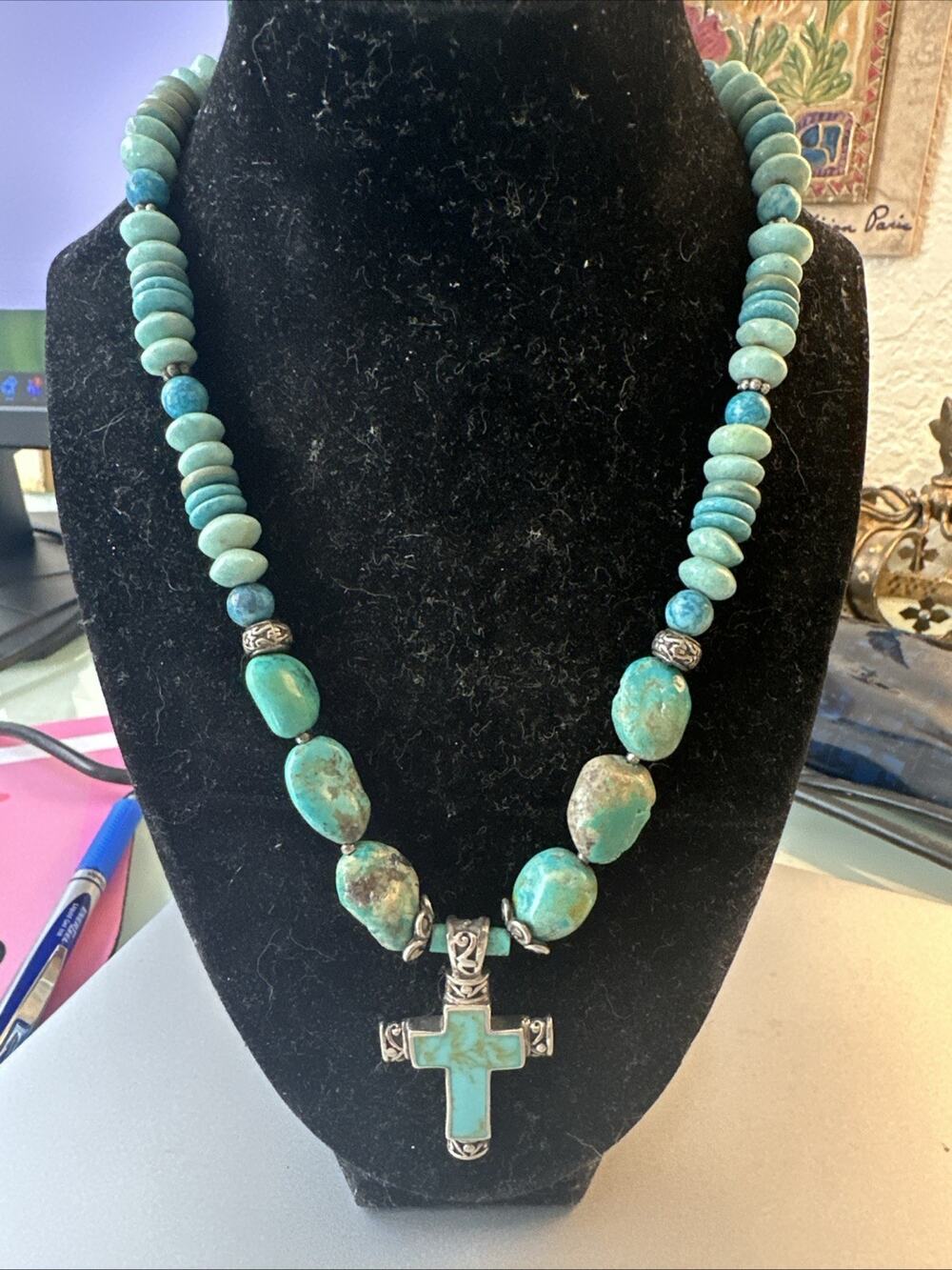 Vintage Turquoise Chunky Cross Necklace 18” Sterling Southwestern + 2” Cross